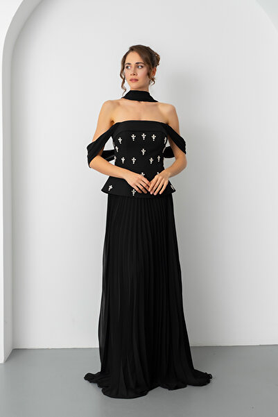 Lafaba Kadın Siyah Straplez Yaka Taşlı Uzun Söz Nişan Nikah Abiye Elbise