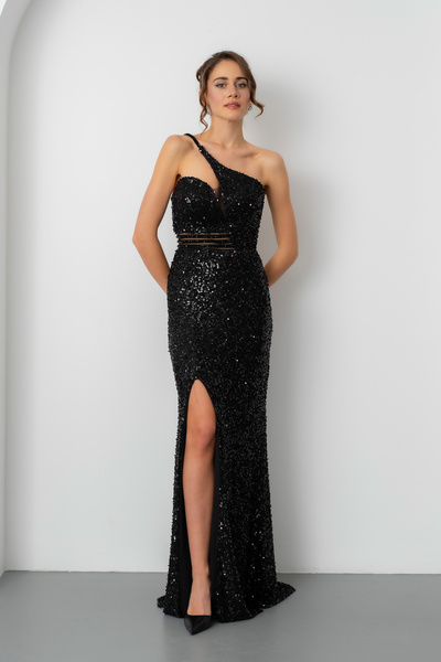 Lafaba Women's Black Waist Transparent Slit Sequined Long Evening Dress