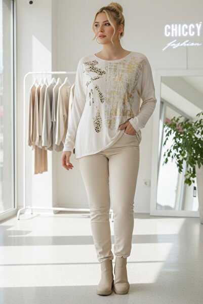 Chiccy Ιταλική μπλούζα μεγάλου μεγέθους μπεζ με λαιμόκοψη μακρυμάνικη Varak B με τύπωμα Casual Knitwear Blouse 70 68