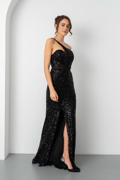 Lafaba Women's Black Waist Transparent Slit Sequined Long Evening Dress