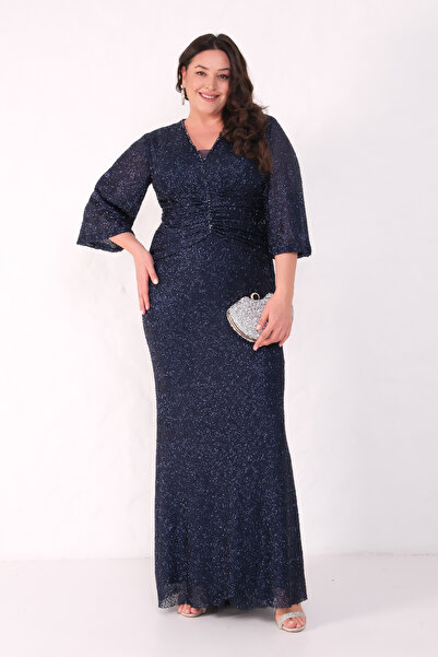 Lafaba Women's Navy Blue V-Neck Beaded Plus Size Evening Dress