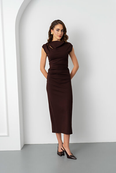 Lafaba Дамска кафява рокля с детайли на яката, подходяща за парти