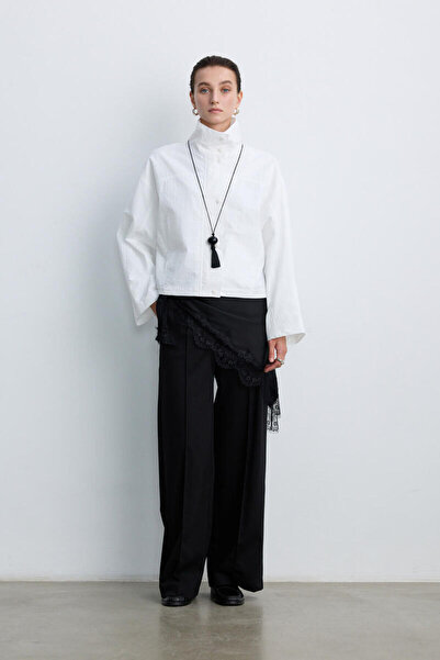 BE BLUE Black Satin Shawl with Lace Details