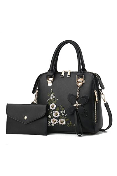 OEM Set geantă de damă cu portofel și pandantiv cu floare, din 2 piese din pi...