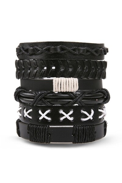 OEM Set of leather bracelets with pendant, adjustable, unisex, black