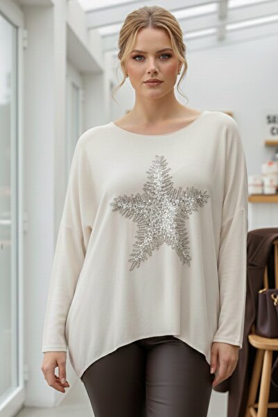 Chiccy Ιταλική μπλούζα με μακρυμάνικο λαιμόκοψη σε κρεμ χρώμα με απλικέ αστέρια casual μαλακό πλεκτό πλεκτό 72 65