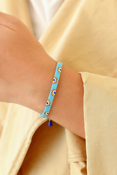 Kübüşün Atölyesi Ka-026 Miyuki Bracelet - Halved Evil Eye Series - Full Round - Chain Closure - Blue