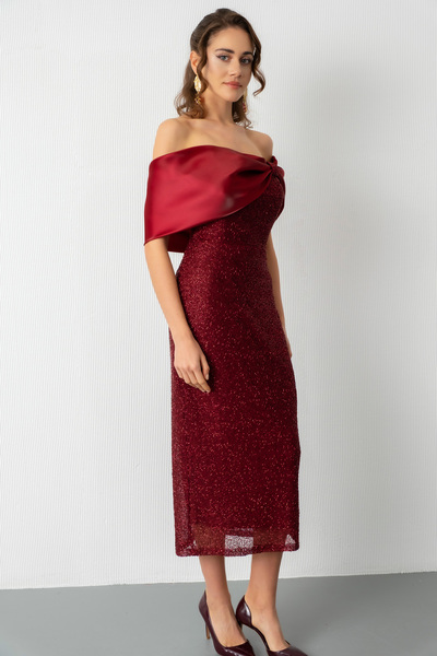 Lafaba Women's Burgundy Collar Detail Beaded Midi Promise Engagement Evening Dress