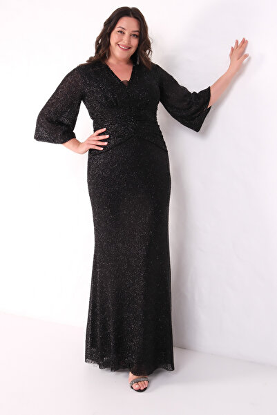 Lafaba Women's Black V-Neck Beaded Plus Size Evening Dress