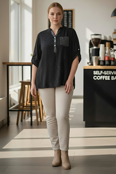 Chiccy Ιταλική μπλούζα μεγάλου μεγέθους, μαύρη μπλούζα με γιακά δικαστή με κουμπιά, λεοπάρ στάμπα, με τσέπες, μακριά υφαντή πλάτη 72 65