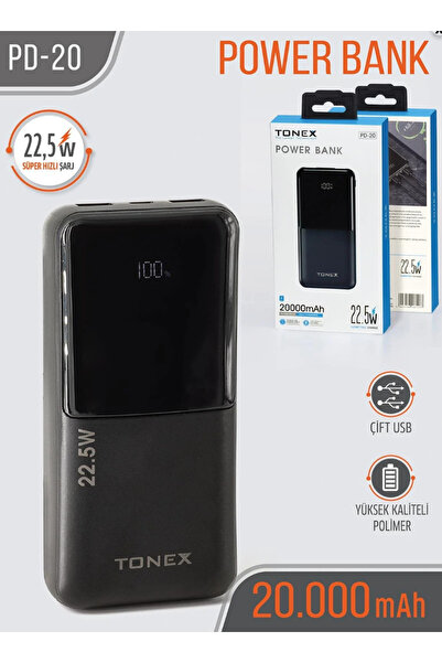 tonex PD-20 20000 mAh Powerbank | 22.5W Süper Hızlı Şarj | PD + Çift USB | Di...