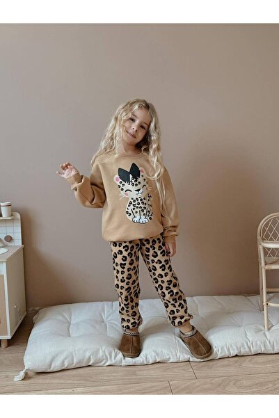 MİNİKO KİDS Girl's Cat Printed Leopard Patterned 3-Ply Set