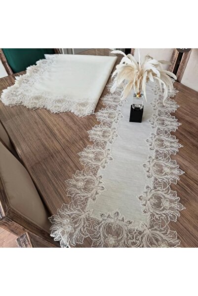 Madamca Lisandra Gardenia (Linen) French Lace Luxury Tablecloth (160*220) and Runner (45*140)