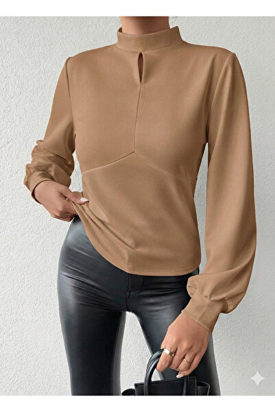 OLSAMODA Γυναικεία μπλούζα με μανίκια μπαλόνι με λεπτομέρεια στο μπροστινό μέρος, ελαστική πλεκτή υφασμάτινη μπλούζα