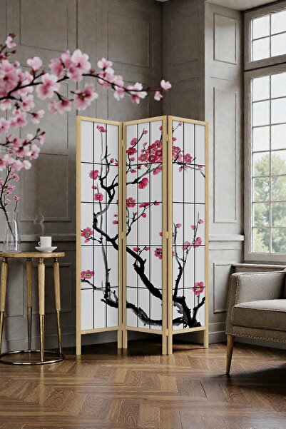 Fupe Shop Japon Stil Sakura Ağacı Naturel Ahşap 3 Kanatlı Baskılı Paravan Seperatör