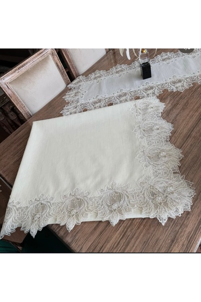 Madamca Lisandra Gardenia (Linen) French Lace Luxury Tablecloth (160*220) and Runner (45*140)