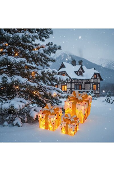 Kardett Set de 3 cutii cadou de Crăciun iluminate cu LED-uri, variantă dulce,...