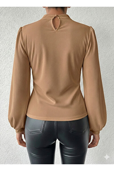 OLSAMODA Γυναικεία μπλούζα με μανίκια μπαλόνι με λεπτομέρεια στο μπροστινό μέρος, ελαστική πλεκτή υφασμάτινη μπλούζα