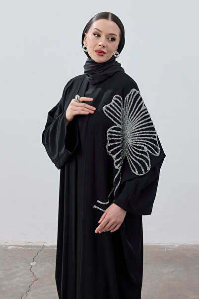 ViadelAtelier TAŞ İŞLEMELİ BÜYÜK ÇİÇEK SİYAH ABAYA