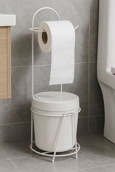 OVAHOME Banyo Mutfak Metal Ayaklı Çöp kovası Ve Peçetelik Plastisol Kaplama Beyaz- Metal Stant + Çöp Kovası