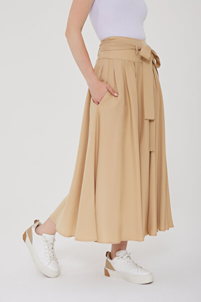 MAQ DESIGN URA Fiyonklu Lacivert Yüksek Bel Uzun Pilili Etek