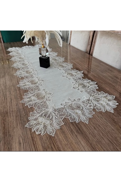 Madamca Lisandra Gardenia (Linen) French Lace Luxury Tablecloth (160*220) and Runner (45*140)