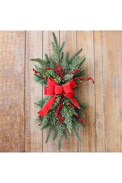 Kardett Decorațiune verticală tradițională de Crăciun cu ilex și brad roșu, 60x30 cm, cu fundă rustică roșie
