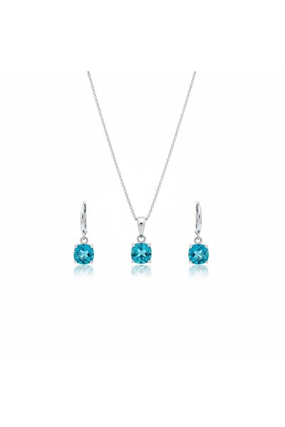 Parlavert Silver 925 Ayar Gümüş Turkuaz Mavi Taşlı Kadın Kolye Küpe Takımı