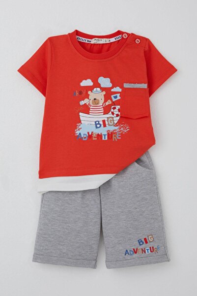 Breeze Baby Boy Shorts Set Cute Captain Teddy Bear with Printed Pocket Details 9 Months-3 Years, Pomegranate Flower