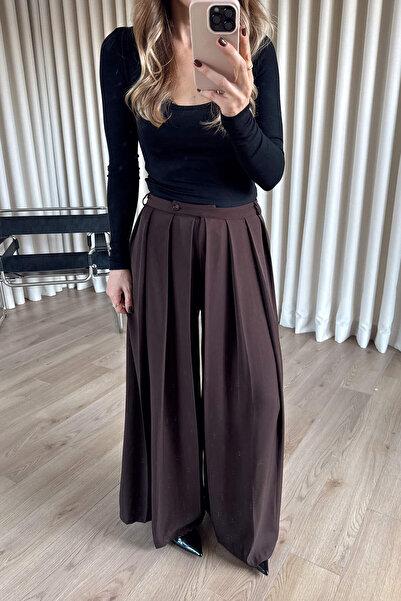 Sue Store Dark Brown Wide Leg Pleated Palazzo Pants