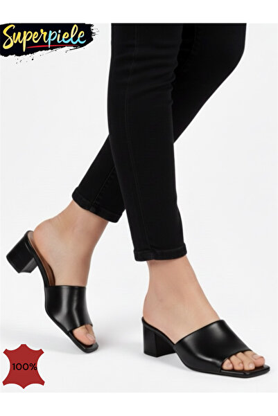 ANGEL BLUE Women's leather gold heeled slippers with chunky heel and square t...