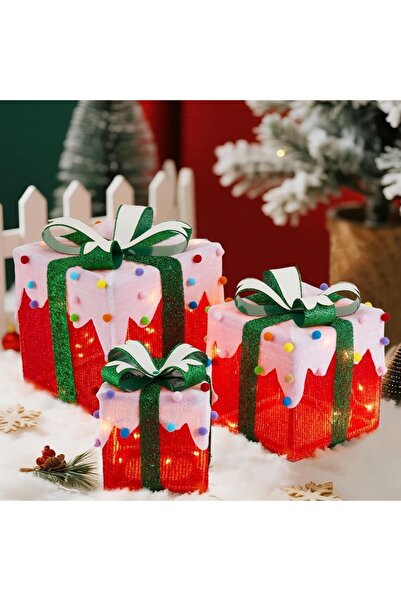 Kardett Set de 3 cutii cadou de Crăciun cu lumini LED roșii și albe - Decor i...