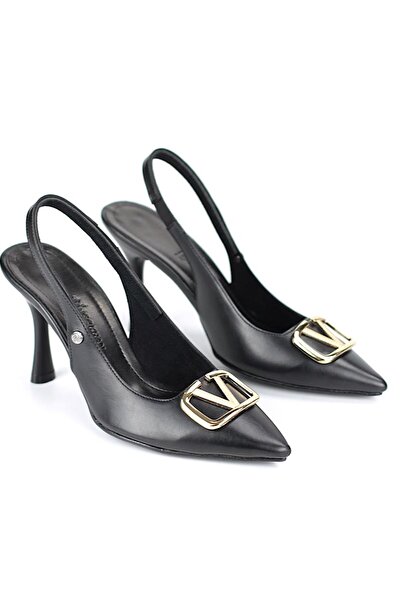 Gökhan Talay Hilda Flexible Soft Non-Slip Sole (8 cm) Black Skin Open Elastic V Buckle Women's Heels