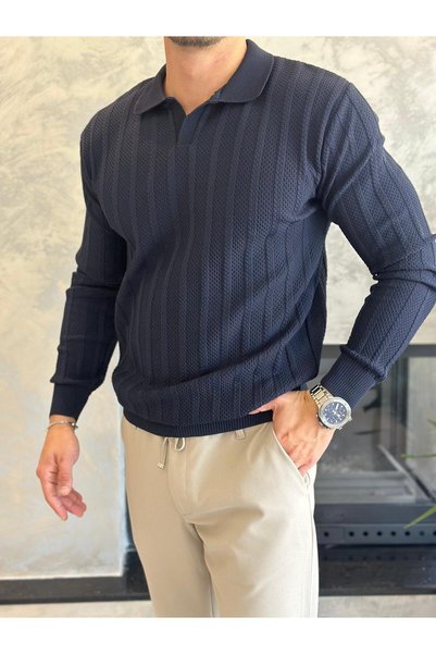 ECARTS Men's Polo Neck Textured Sweater Navy Blue Eca054