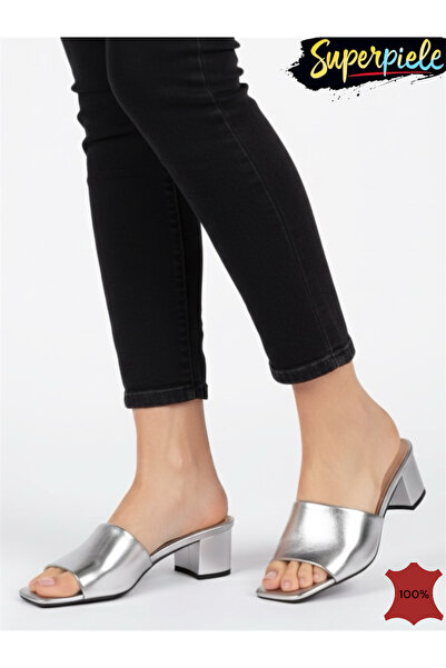 ANGEL BLUE Women's leather gold heeled slippers with chunky heel and square toe -3 colors