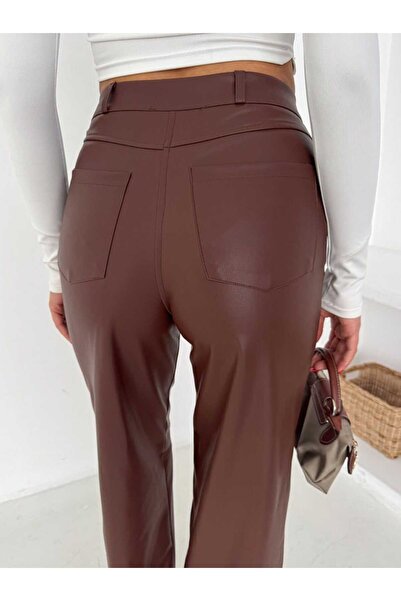 ByMisa Store Brown Flared Premium Leather Trousers with Cotton Inside