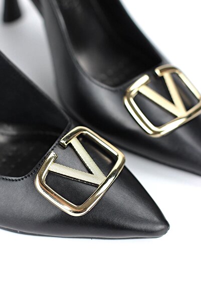 Gökhan Talay Hilda Flexible Soft Non-Slip Sole (8 cm) Black Skin Open Elastic V Buckle Women's Heels