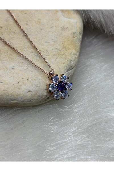 gümüşe dair 925 Ayar Gümüş Mor Menekşe Model Kadın Kolye Rose Gold Kaplama