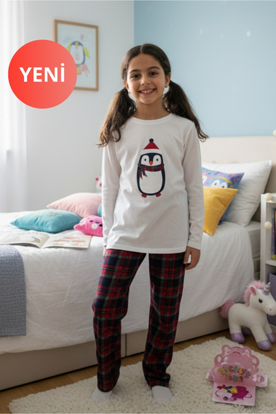 DOFİ Girl's Winter Plaid Pajama Set – Penguin Printed , Crew Neck, Tube Leg