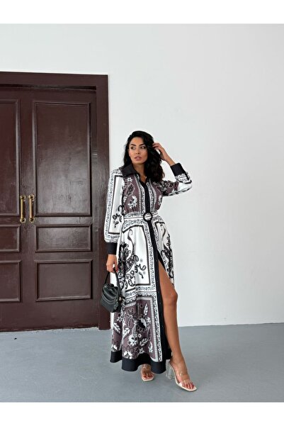 WellWay Rochie neagră cu model floral din țesătură Atlas, cu guler de cămașă,...