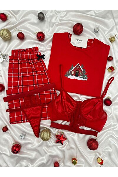 Lena Homewears New Year's Red House Patterned Women's Pajama Set with Underwear