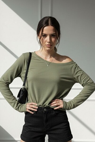 Mood Lab Haki Kadın Düşük Omuz Kayık Yaka Rahat Kesim Uzun Kollu T-Shirt