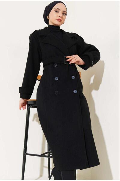 MODAM HİFA Palton negru premium pentru femei, lung, de iarnă, cu centură, elegant