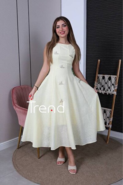 TREND Lemon-Colored Dress with Embroidery