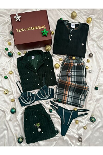 Lena Homewears Daily Comfortable Couple Long Sleeve New Year Green Couple Set (Boxed)