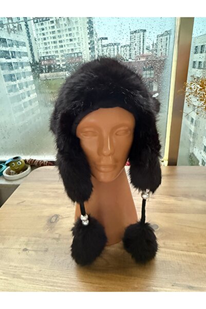 Blotch Women's Cold-Protecting Lined Black Plush Pom-Pom Beanie with Pearl Detail and Ear Coverage