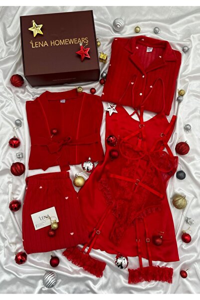 Lena Homewears Γυναικείο κόκκινο σατέν νυχτικό, ρόμπα και πιτζάμες Πρωτοχρονι...