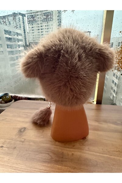 Blotch Women's Cold-Protecting Lined Beanie with Pearl Detail, Camel Plush Pompom Beanie