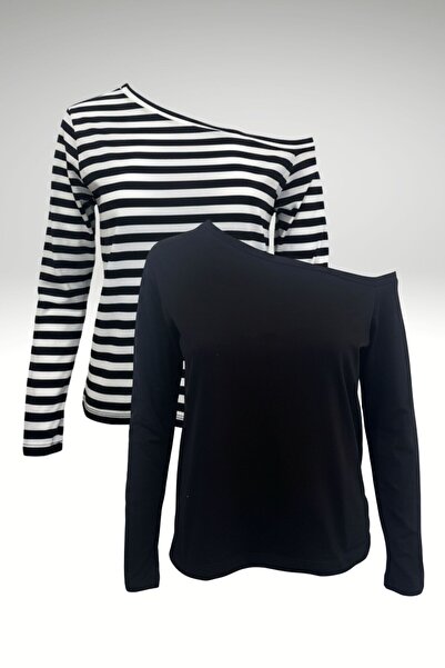 Mood Lab Siyah- Beyaz Çizgili 2'li Kadın Düşük Omuz Kayık Yaka Rahat Kesim Uz...