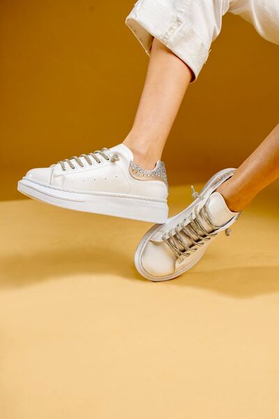 dabab shoes Elsia Women's White Sparkling Stone Detailed Thick Sole Sneaker Sports Shoes